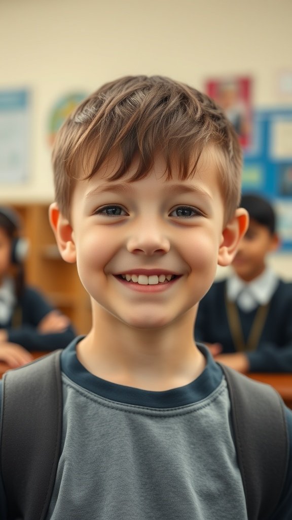 A young boy with a crew cut hairstyle, smiling in a classroom setting.