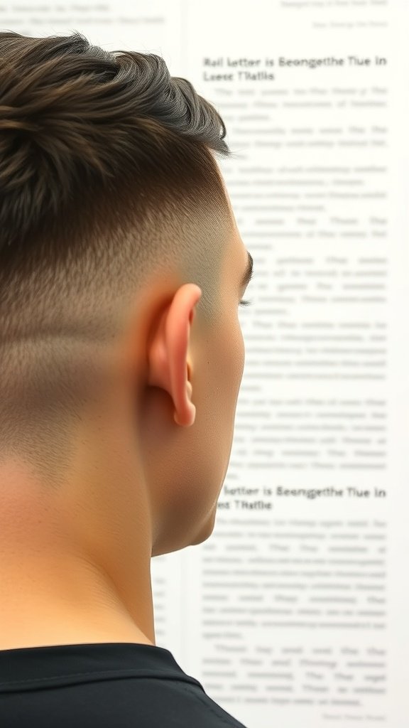 A close-up view of a man's classic drop fade haircut with a short textured top.