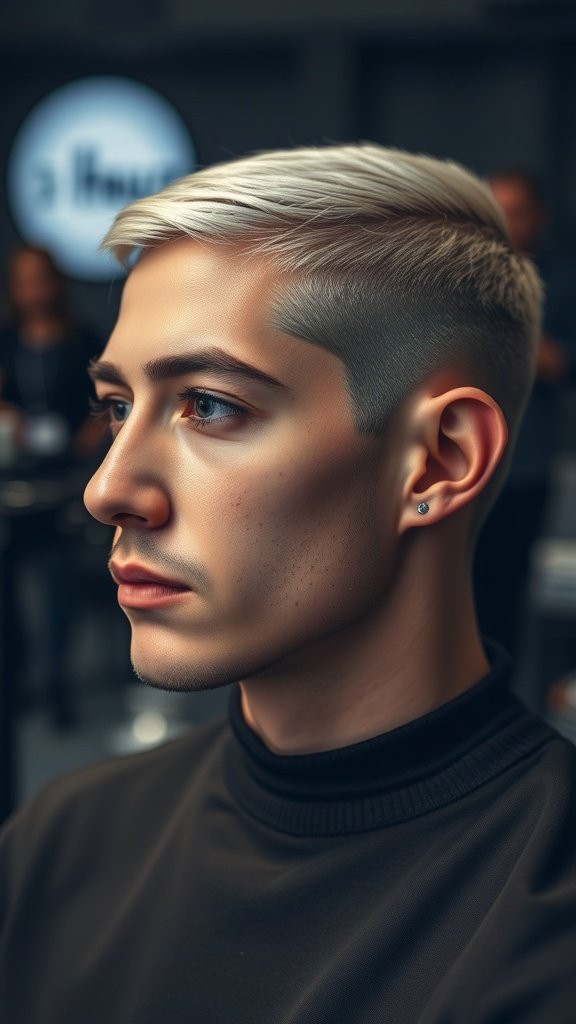 A young man with a modern fade haircut, featuring platinum blonde hair and a clean fade on the sides.