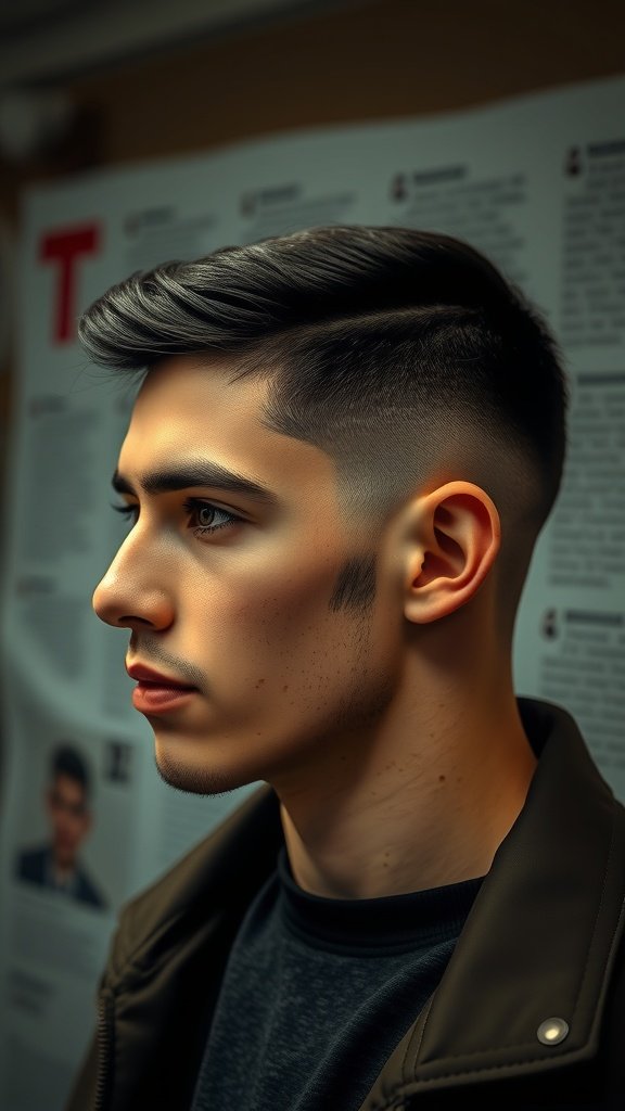 A young man with a classic fade haircut and sideburns, showcasing a stylish and polished look.