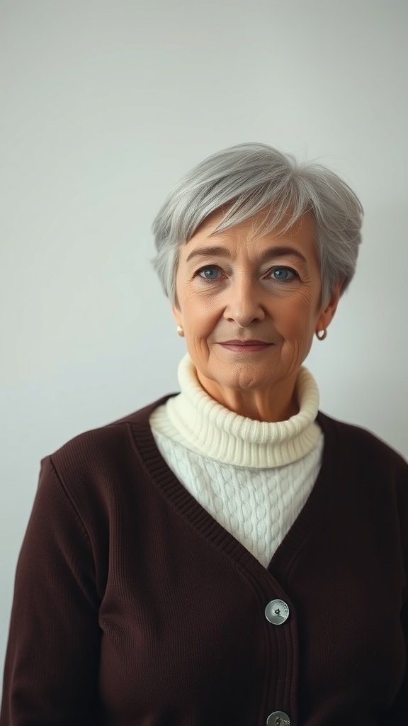 An older woman with a classic French crop hairstyle, wearing a cozy sweater.