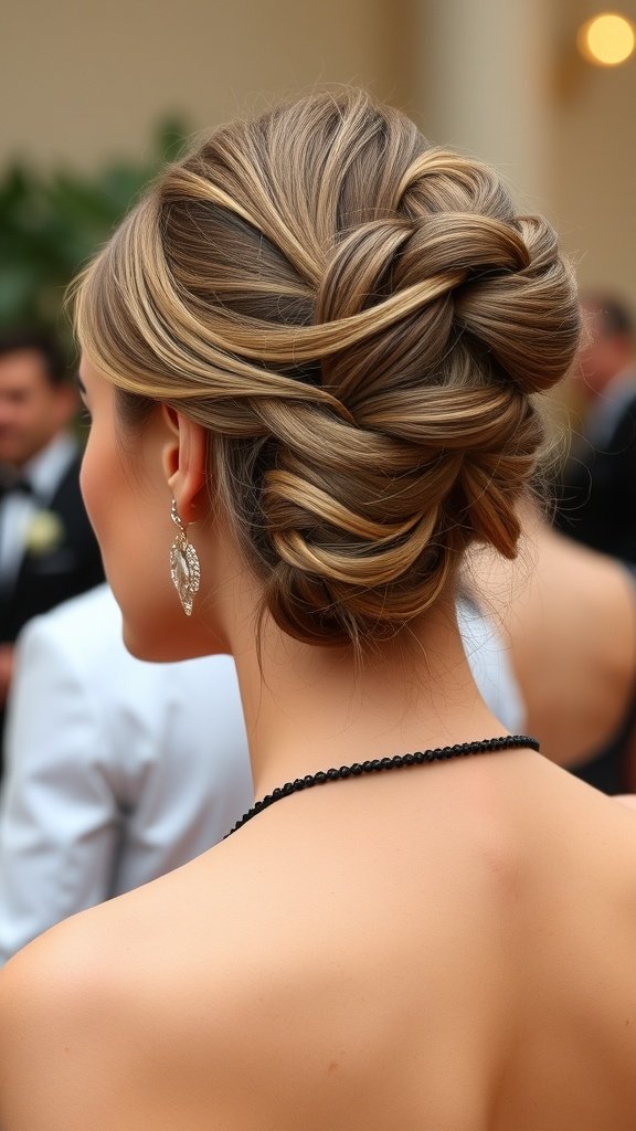 A woman with a classic French twist hairstyle, showcasing elegant twists and styled with earrings.