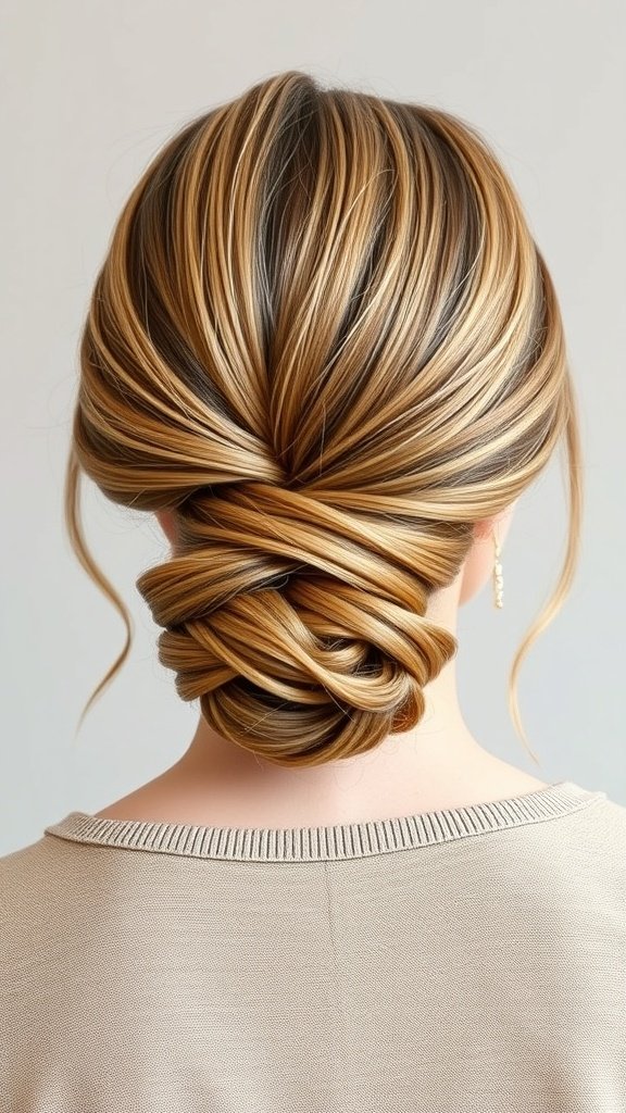 A classic French twist hairstyle with layers, showcasing soft curls and highlights.