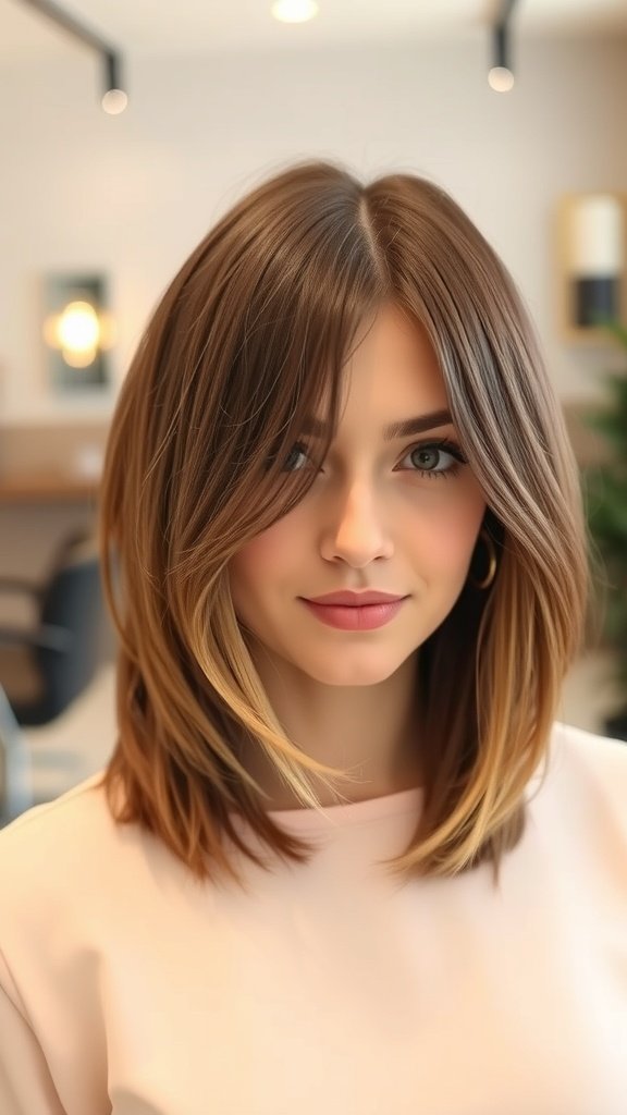 A woman with a classic layered lob hairstyle, featuring soft layers and a subtle ombre effect.