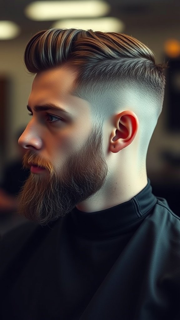 A man with a classic low fade haircut featuring a side part and a beard.