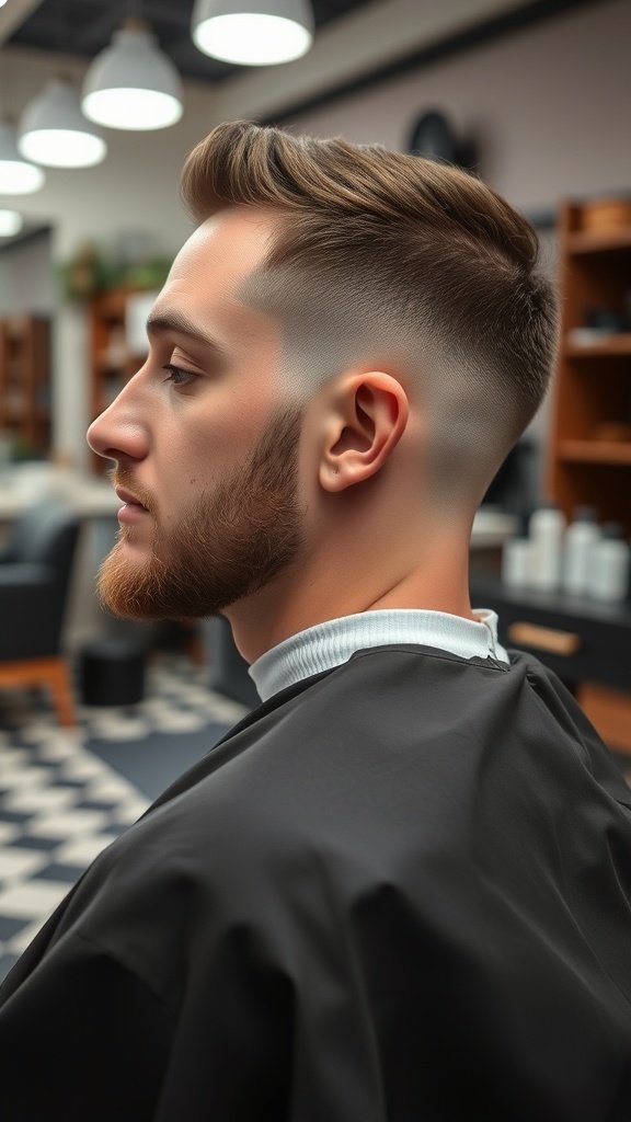 A man with a classic low taper fade haircut, showcasing a clean and polished look.