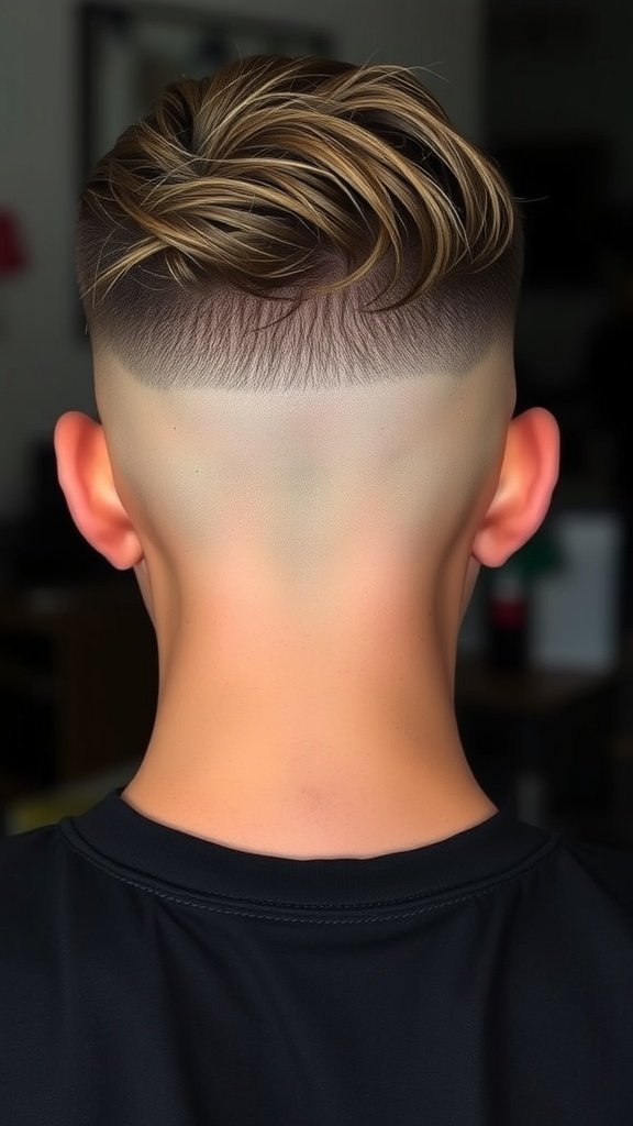 A classic low taper fade haircut with a textured top, showing a clean fade on the sides and back.