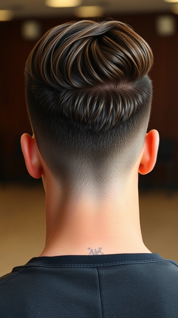 A stylish classic pompadour hairstyle with a fade on the sides, showcasing thick hair.
