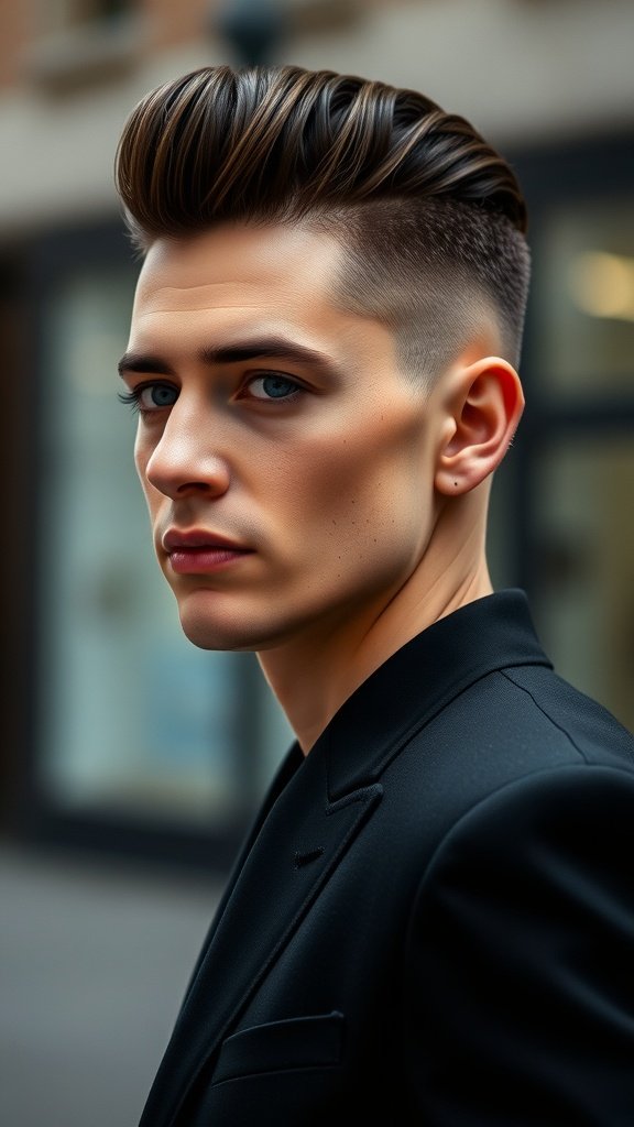 A young man with a classic pompadour hairstyle, featuring a voluminous top and short sides, wearing a black suit.