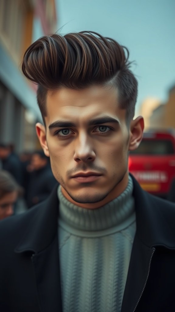 A young man with a classic pompadour hairstyle, showcasing volume and style.
