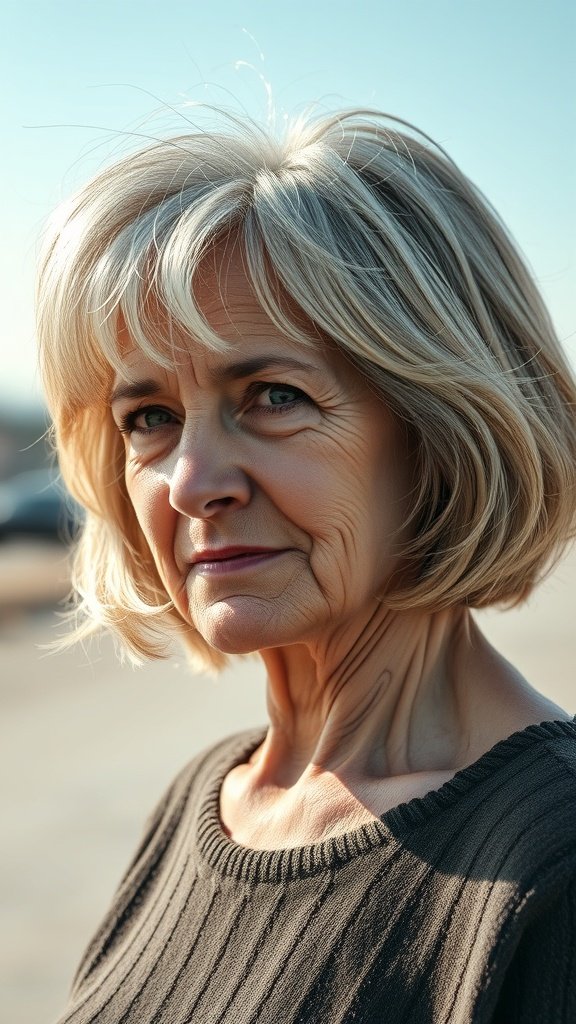 A woman with a classic shaggy bob hairstyle, showcasing soft waves and layers.