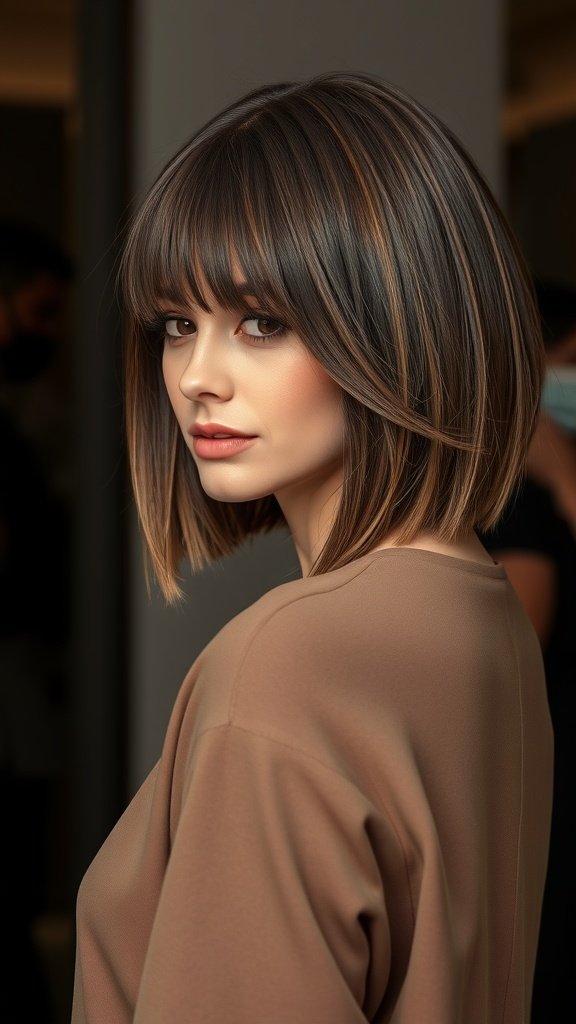 A woman with a classic shoulder-length bob hairstyle, featuring soft bangs and subtle highlights.