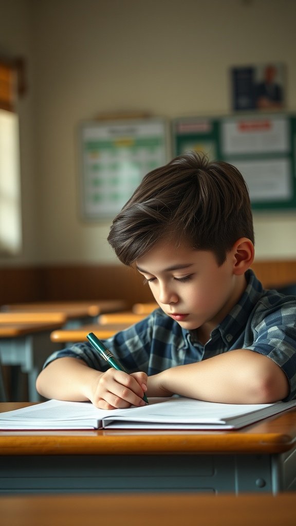 A young boy with a classic side part hairstyle, focused on writing in a notebook in a classroom setting.
