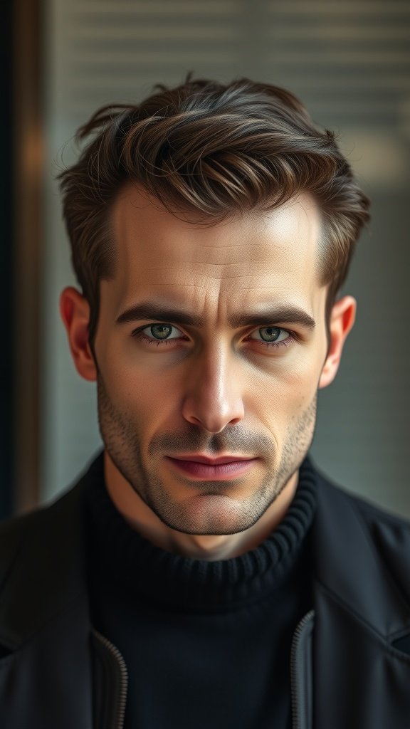 A man with thick hair and classic sideburns, showcasing a polished hairstyle.