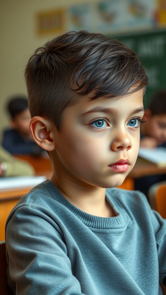 A young boy with a classic taper haircut, looking thoughtful in a classroom setting.