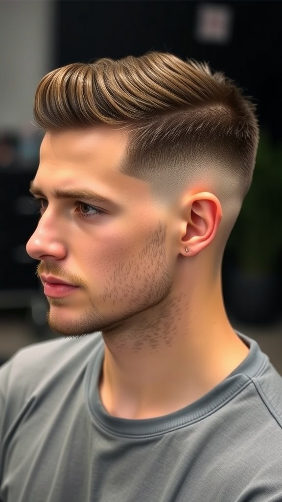 A young man with a classic taper fade hairstyle, showcasing short sides and longer hair on top.