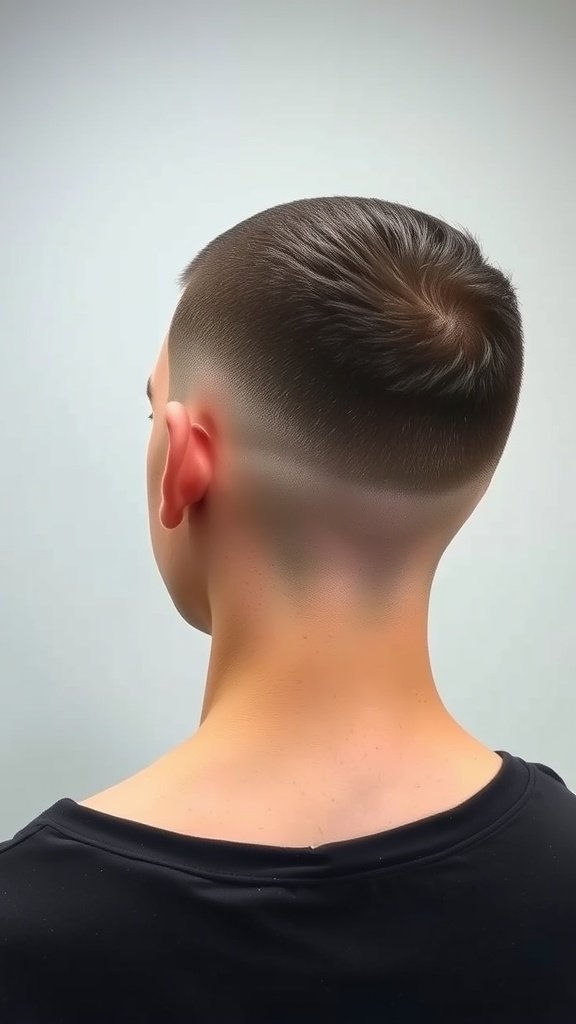 A close-up view of a crew cut fade hairstyle, showcasing the tapered sides and textured top.