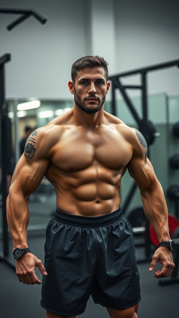A muscular athlete with a crew cut hairstyle in a gym setting.