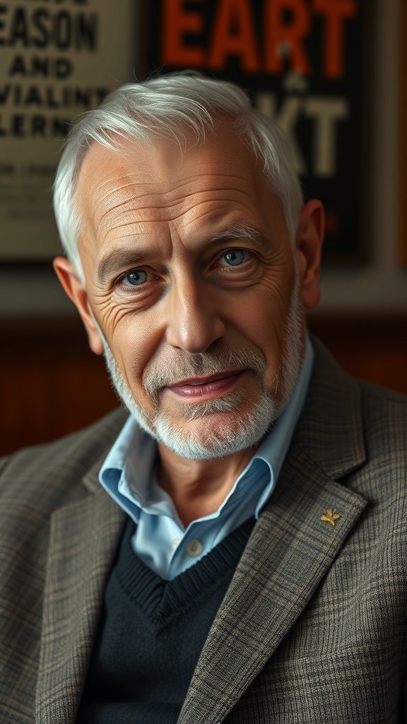 An older man with a stylish crew cut, wearing a blazer and smiling confidently.