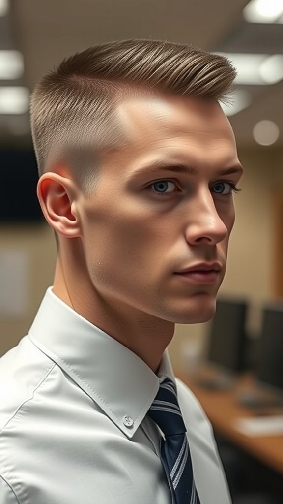 A man with a crew cut hairstyle, wearing a white shirt and tie, in a professional office setting.