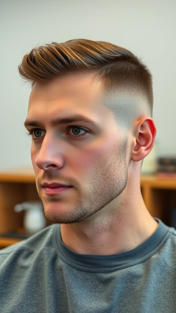 A man with a stylish crew cut, showcasing thick hair with a clean fade on the sides.
