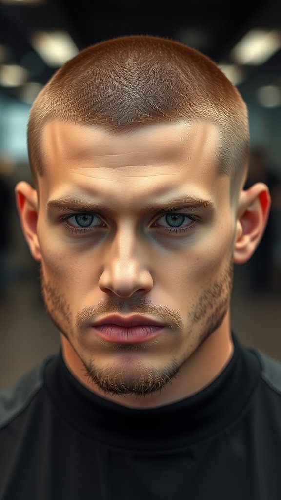A close-up of a man with a crew cut hairstyle, showcasing a strong jawline and sharp features.