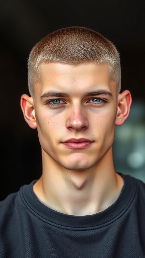 A young man with a fresh crew cut hairstyle, showcasing a clean and modern look.