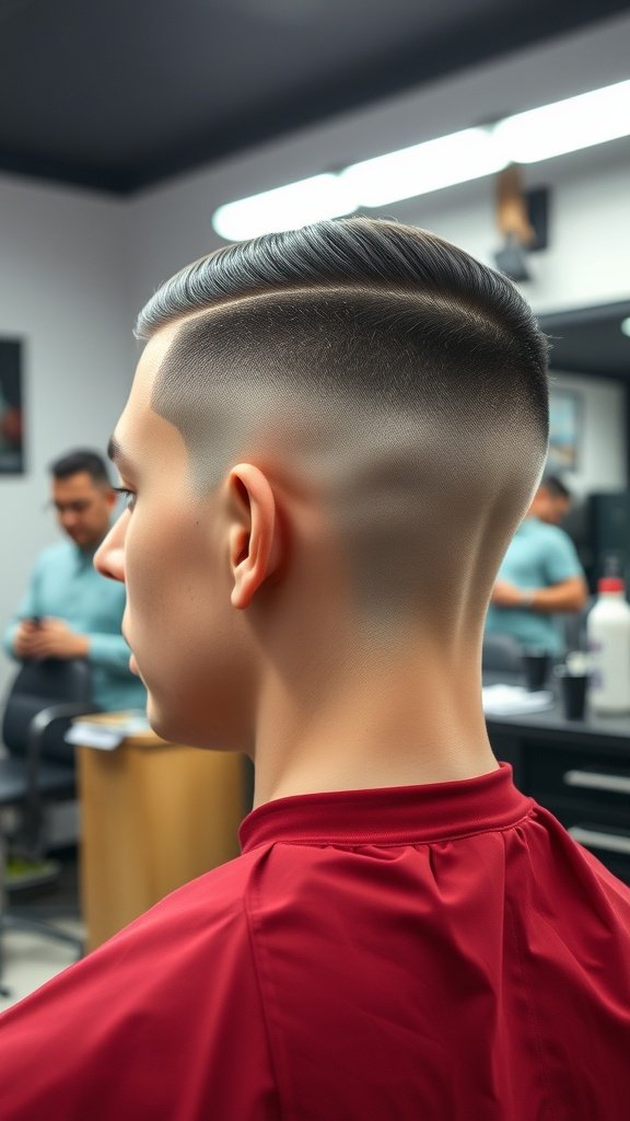 A young man with a crew cut featuring a hard part, showcasing a clean and stylish haircut.