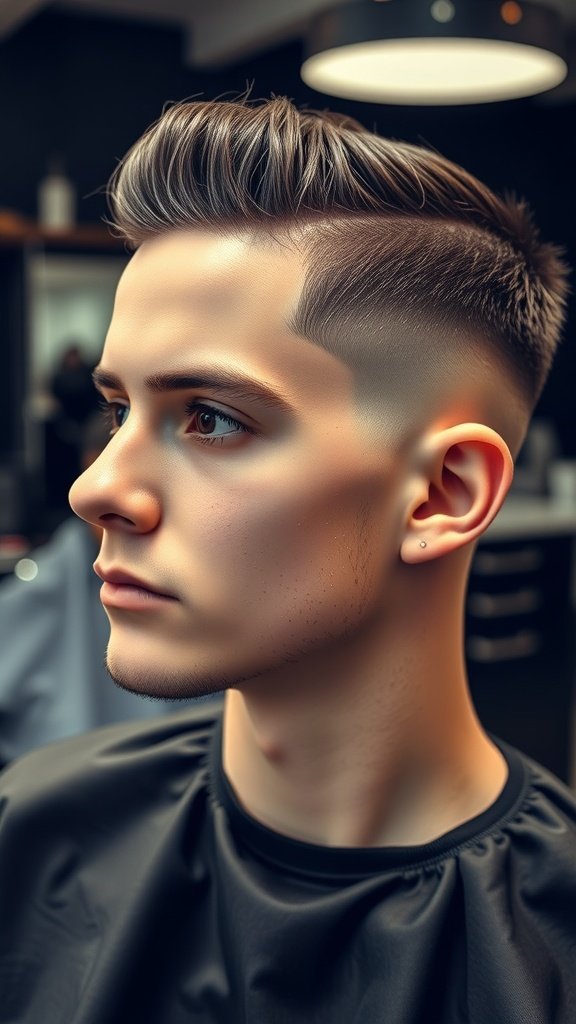 A young man with a modern crew cut featuring a fade and textured top, showcasing a stylish and clean look.