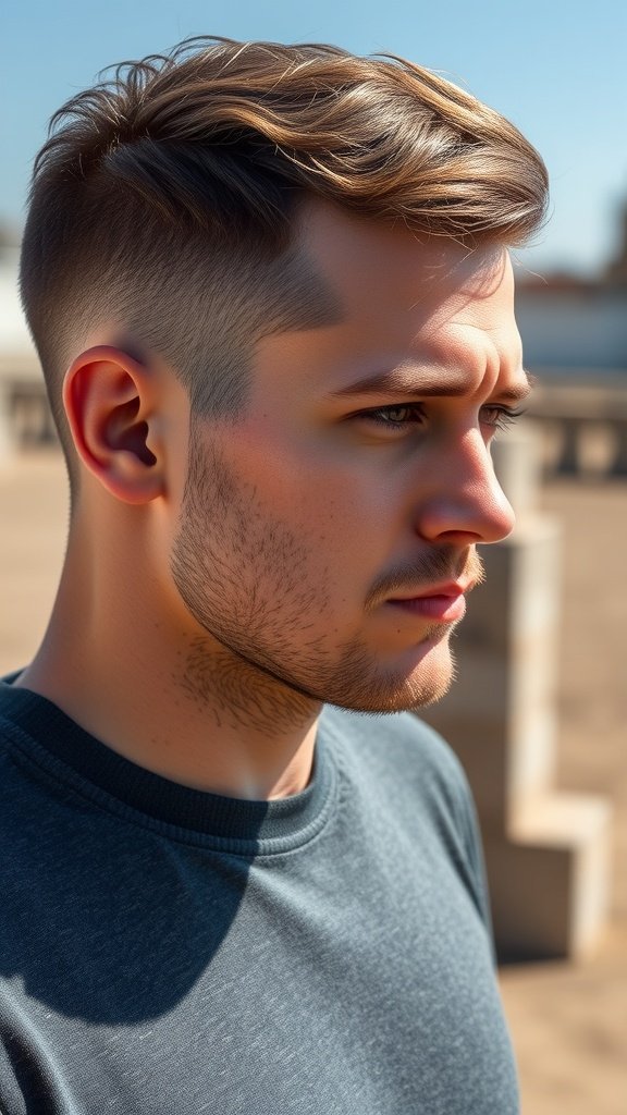 A young man with a crew cut and natural finish, showcasing a clean and polished look.