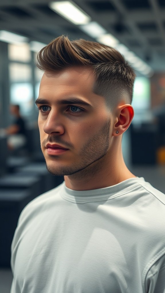 A young man with a stylish crew cut featuring a sharp finish, showcasing a clean and polished look.