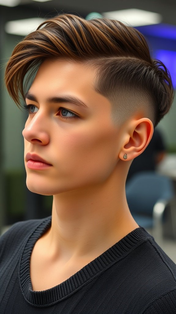 A young man with a crew cut hairstyle featuring a side sweep, showcasing a clean and modern look.
