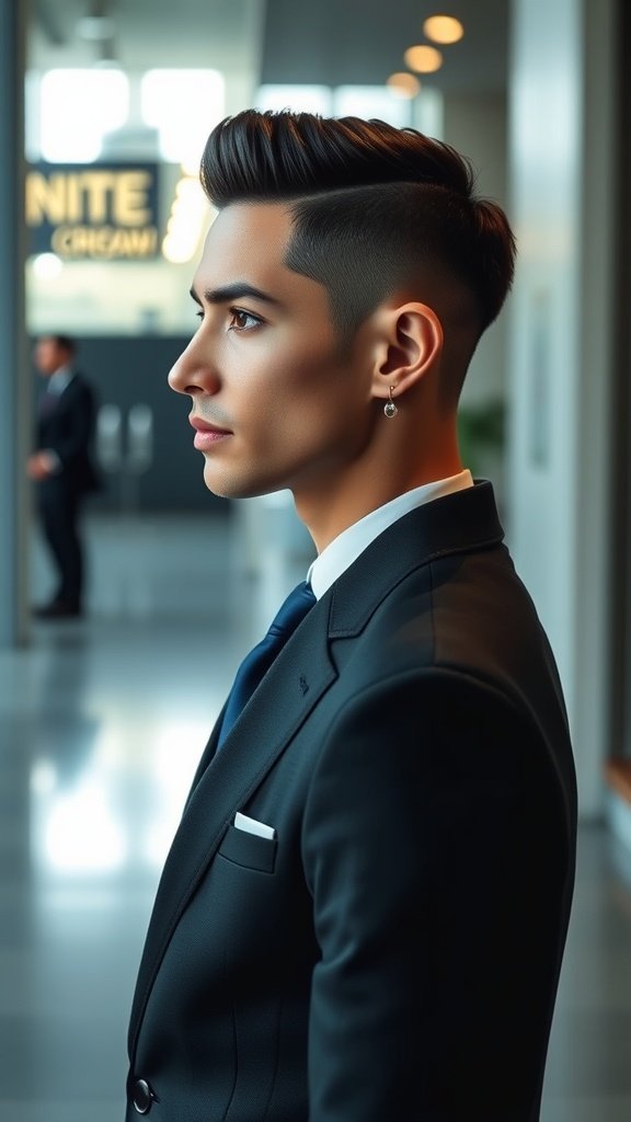 A man with a sleek crew cut hairstyle, dressed in a suit, showcasing a polished appearance.