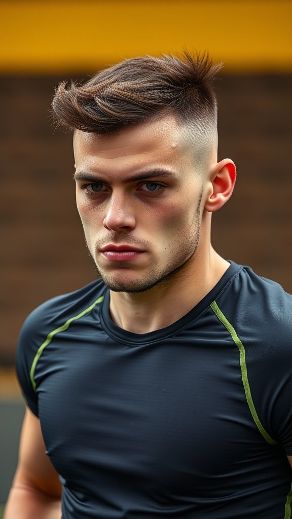 Young man with a sporty crew cut hairstyle, wearing a fitted athletic shirt.