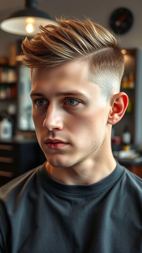 A young man with a crew cut featuring a textured top, showcasing a stylish and modern haircut.