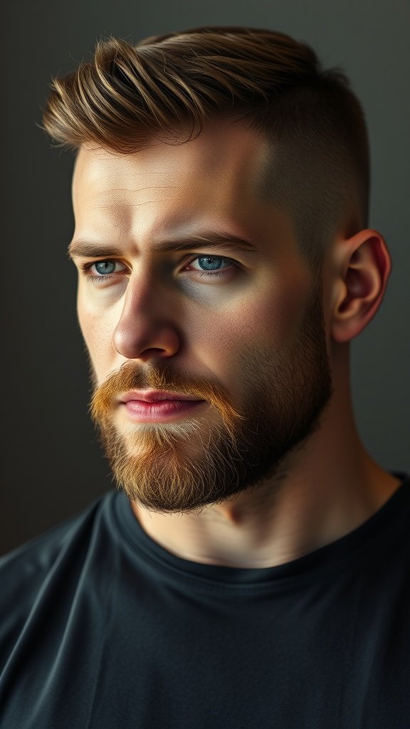 A man with a crew cut and a well-groomed beard, showcasing a stylish and modern look.