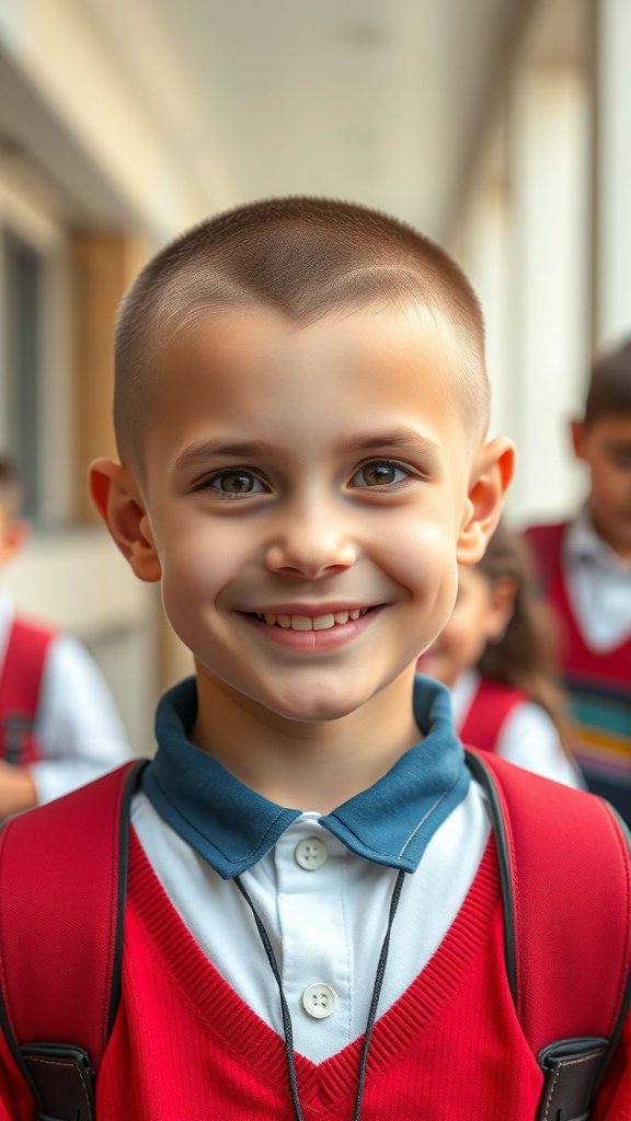 A boy smiling with a crew cut hairstyle featuring a design, wearing a red sweater and backpack.