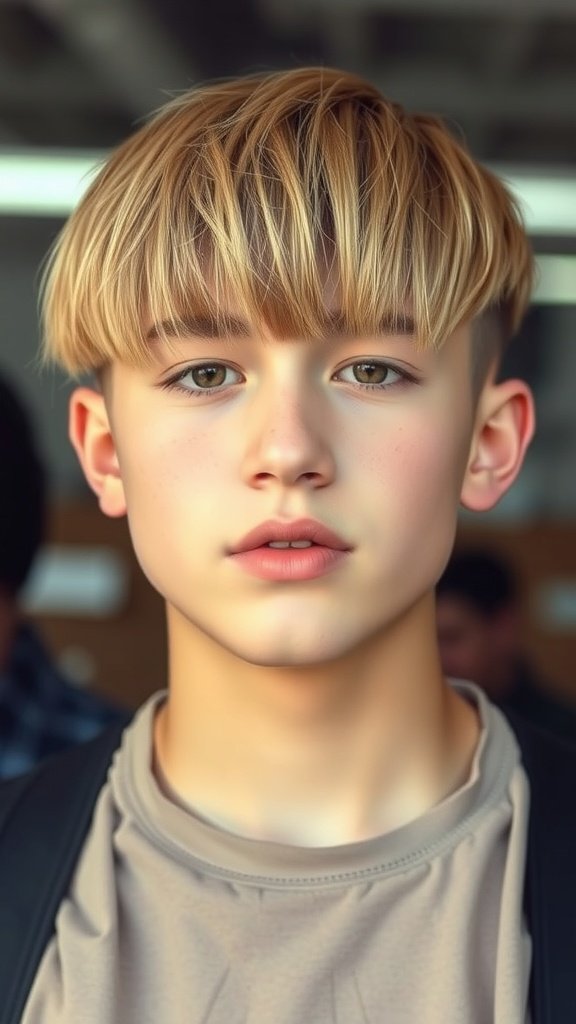 A young person with a crew cut featuring a fringe, showcasing a modern hairstyle.
