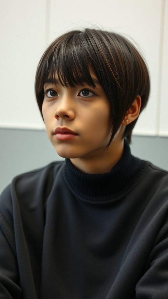 A person with a crew cut hairstyle featuring long bangs, looking thoughtfully.