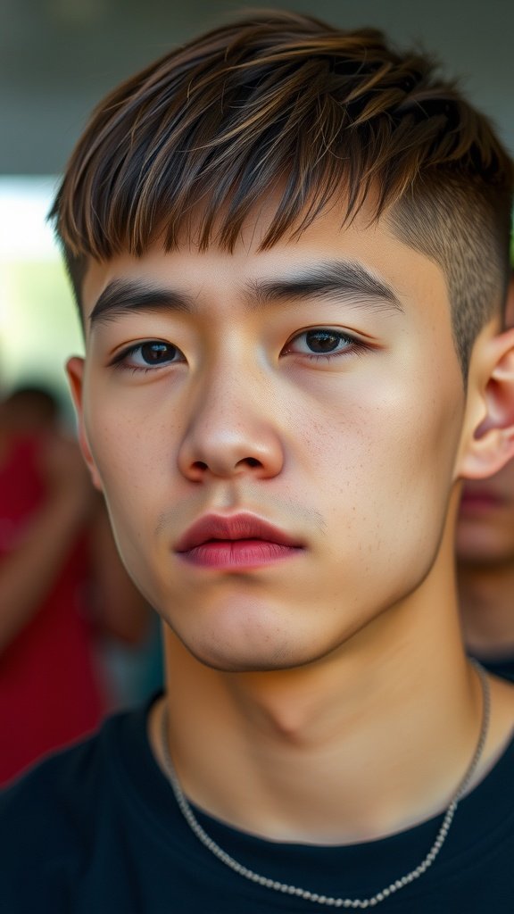 A young man with a crew cut featuring a long fringe, showcasing a modern hairstyle.