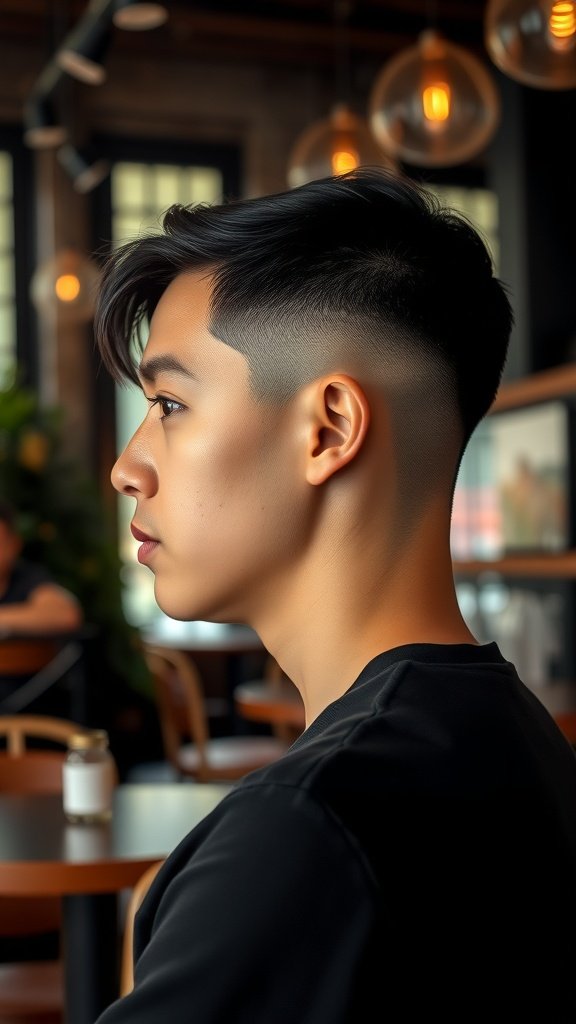 A young man with a crew cut featuring long sides, showcasing a clean fade and stylish look.