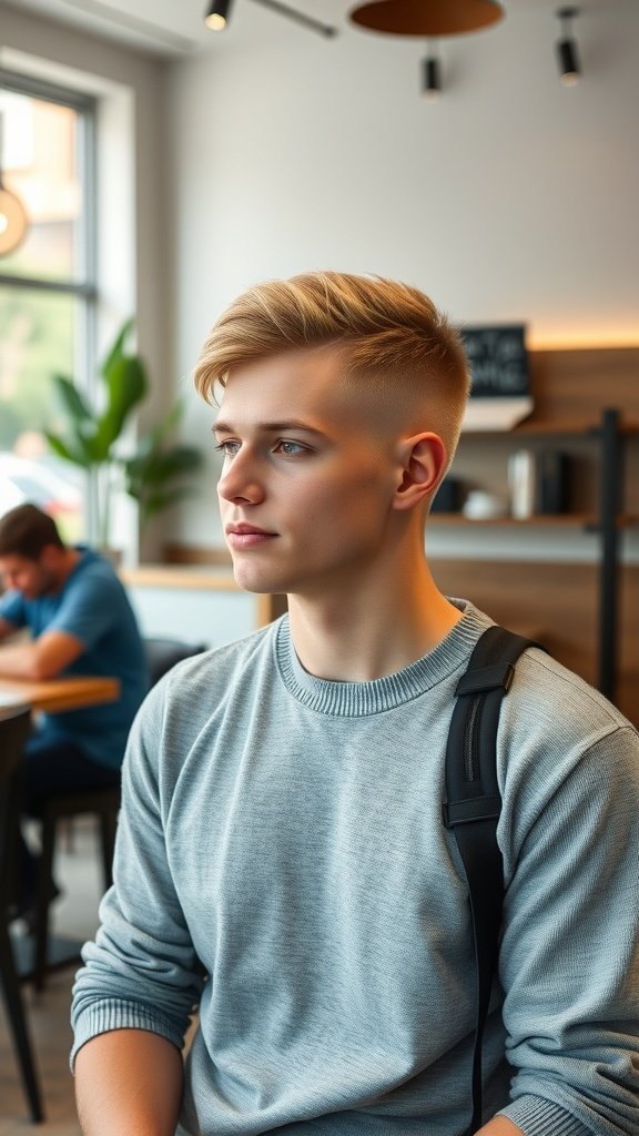 Young man with crew cut hairstyle featuring a long top, sitting in a coffee shop.