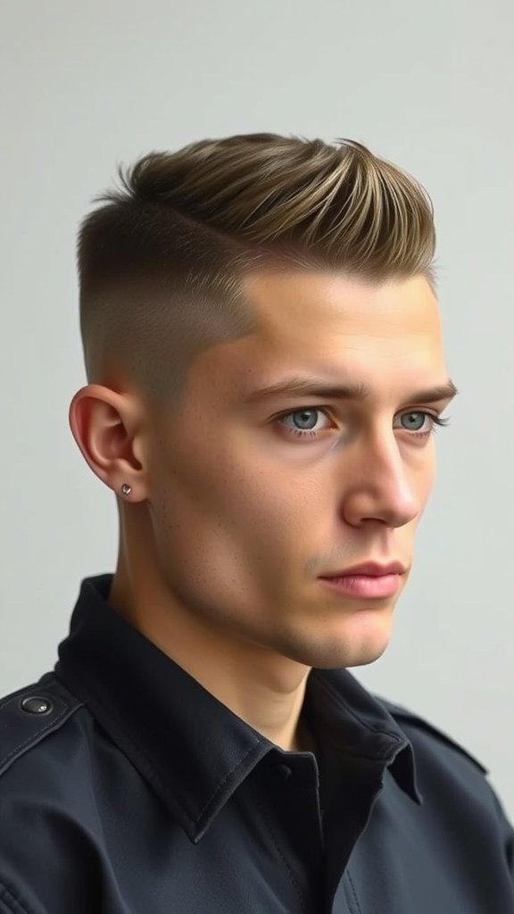 A stylish crew cut with mid-fade hairstyle on a young man.