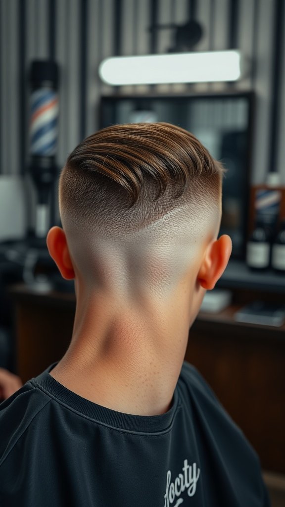 A close-up view of a stylish crew cut with a smooth fade, styled with pomade.