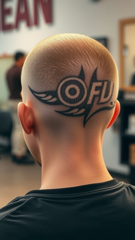 A close-up view of a crew cut with a shaved design on the back of the head.