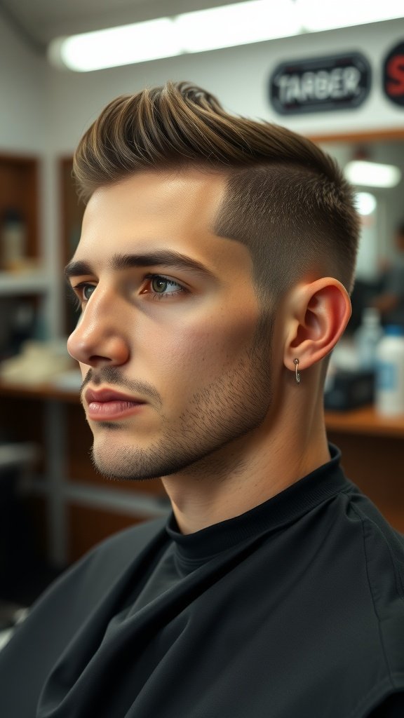 A young man with a stylish crew cut featuring well-groomed sideburns, showcasing a clean and modern look.