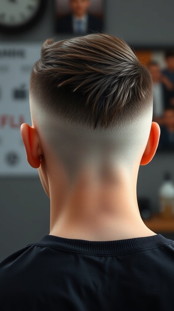 A close-up view of a crew cut with taper hairstyle, showing the smooth transition from short sides to longer hair on top.