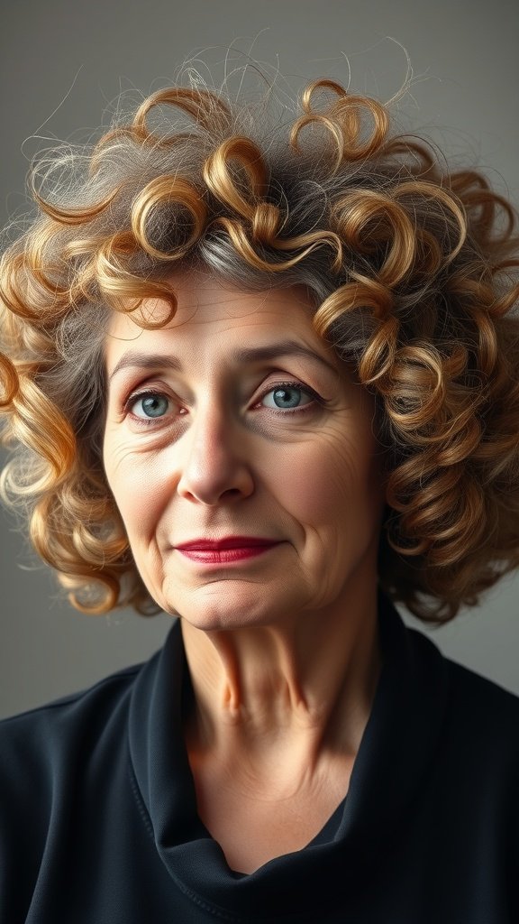 A woman with a curly bob hairstyle, showcasing volume and warmth in her hair.