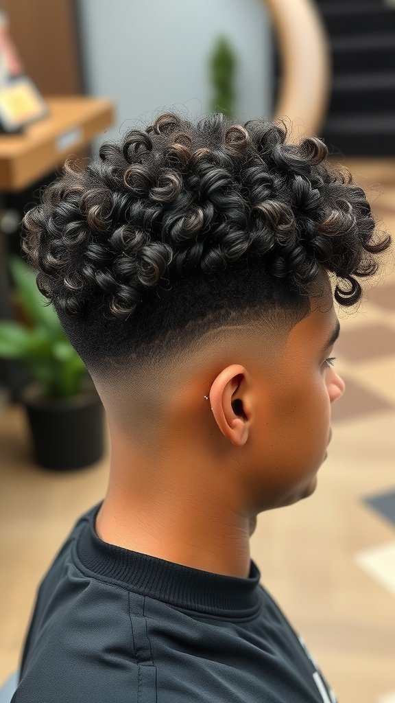 A young man with a curly drop fade hairstyle, showcasing tight curls on top and a clean fade on the sides.