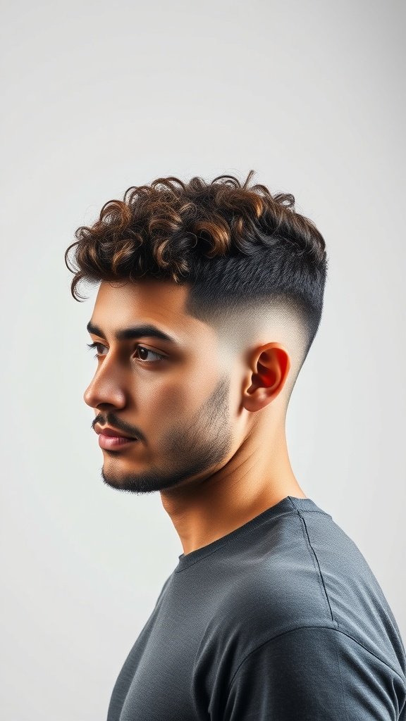 A man with a curly Edgar haircut, featuring short sides and voluminous curls on top.